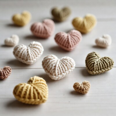 Crocheted hearts on white background