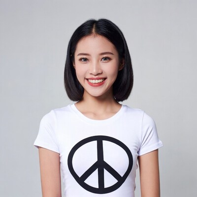 Asian woman smiling in peace sign t-shirt