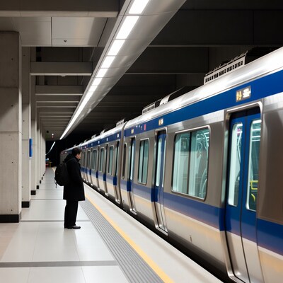 Asian man waiting at subway platform