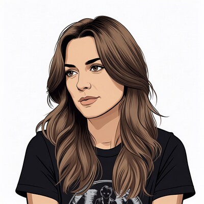 Woman with brown hair in black t-shirt