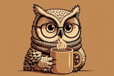 Cute Owl Drinking Coffee with Scarf