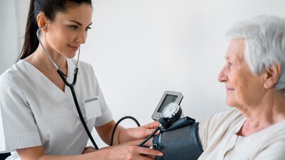 Nurse measuring elderly woman's blood pressure