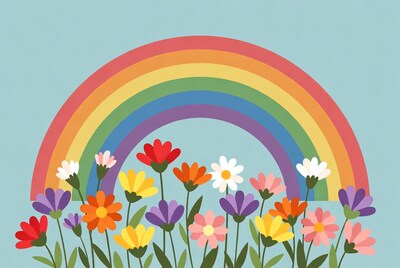 Rainbow over colorful flowers illustration