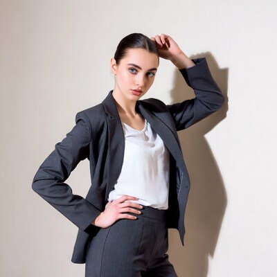Woman in gray suit posing confidently