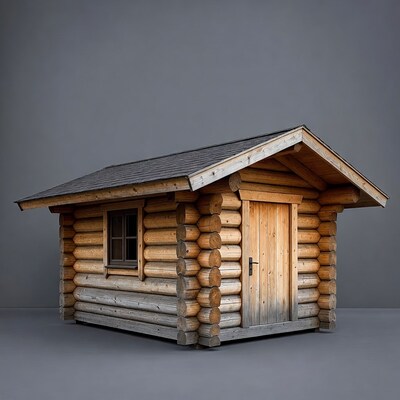 Log Cabin on Gray Background