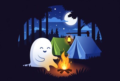 Cute ghost at campsite campfire