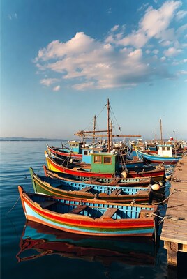 Colorful fishing boats docked at pier