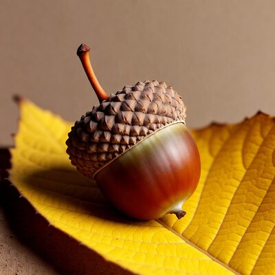 Acorn on yellow leaf