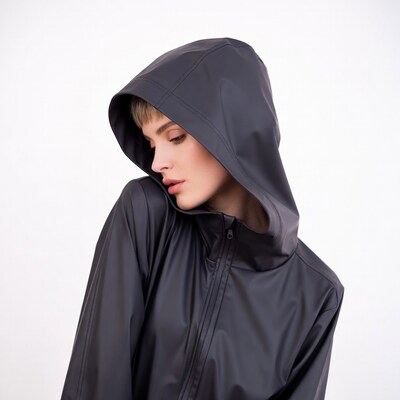 Woman in black hooded raincoat
