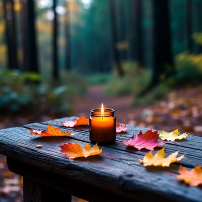 Lit Candle with Autumn Leaves on Bench