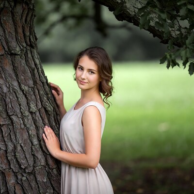 Young woman leaning against tree