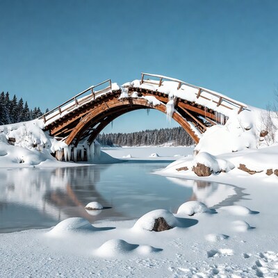 Snowy Wooden Arch Bridge over Frozen Lake