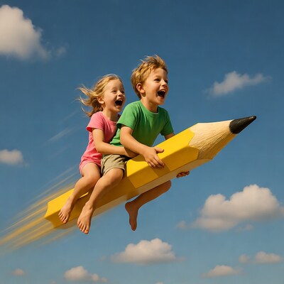 Boy and girl riding giant pencil