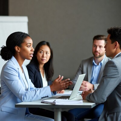 African-American woman speaking in diverse business meeting