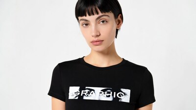 Woman wearing graphic eyes t-shirt