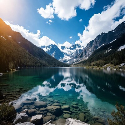 Turquoise lake in snowy mountains