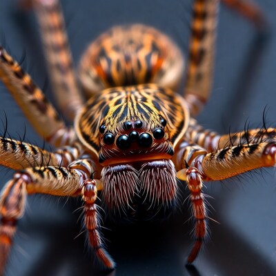 Close-up striped huntsman spider