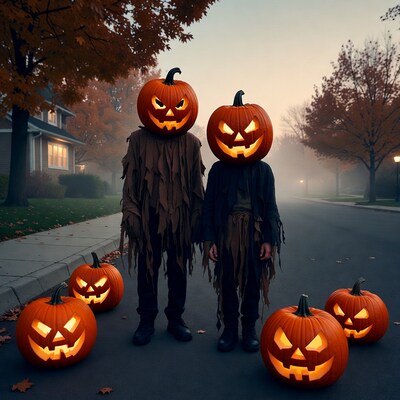 Pumpkinhead couple with jack o lanterns