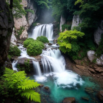 Majestic waterfall cascading in lush green gorge