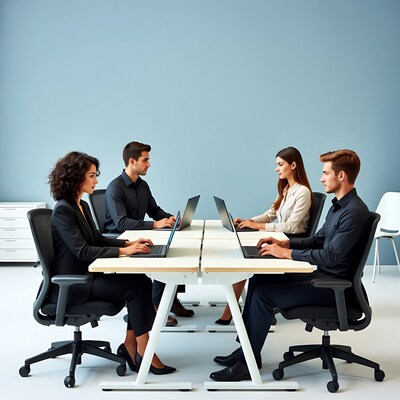 Diverse team working on laptops at office desks