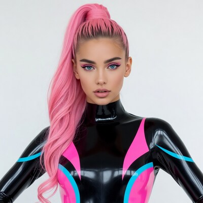 Woman with pink ponytail in latex outfit