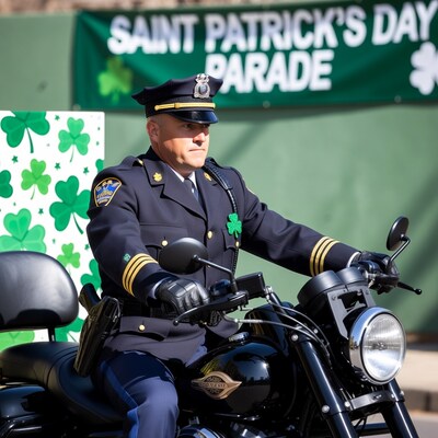 Policeman on motorcycle at St. Patrick's Day parade