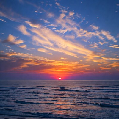 Sunset over ocean with colorful clouds
