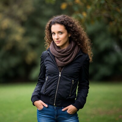 Woman with curly hair in scarf outdoors