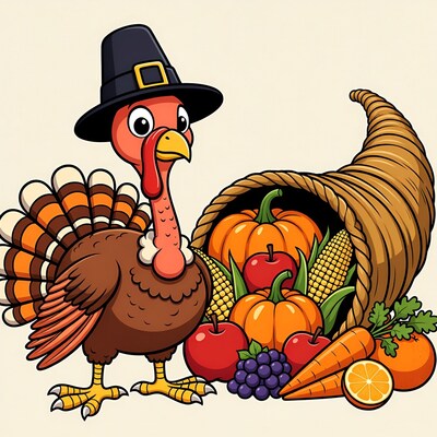 Cartoon Turkey with Pilgrim Hat and Cornucopia