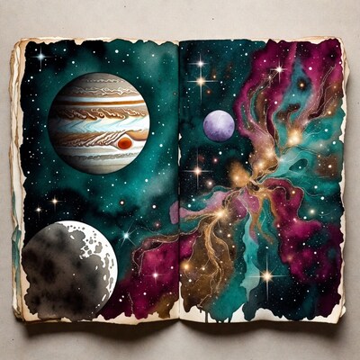 Open Book with Jupiter and Galaxy