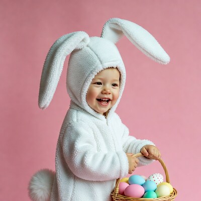 Baby girl in bunny costume holding Easter eggs