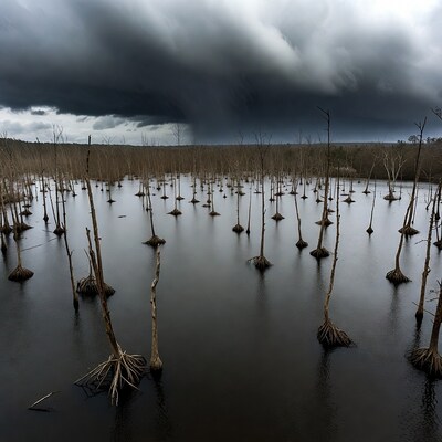 Stormy sky over flooded dead trees