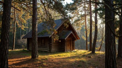 Log cabin in pine forest