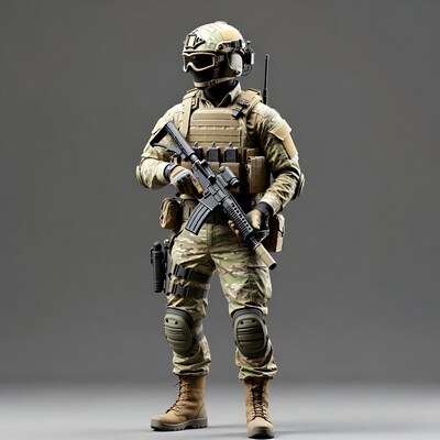 Soldier holding rifle in camouflage gear