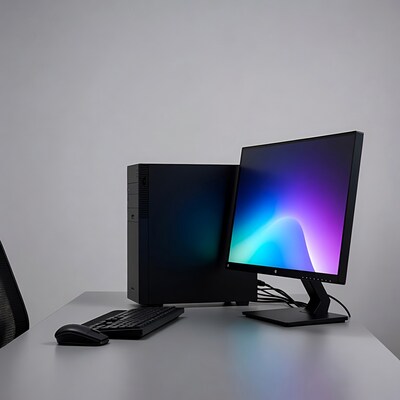 Black gaming PC with monitor on desk