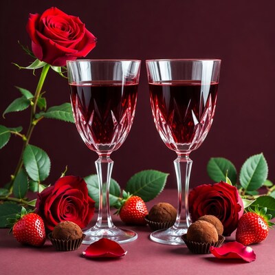 Two red wine glasses with roses