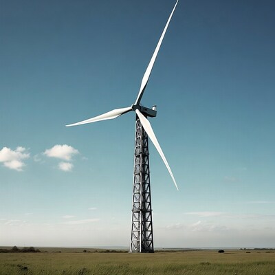 Wind turbine in grassy field