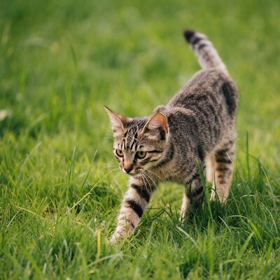 Tabby kitten stalking in green grass
