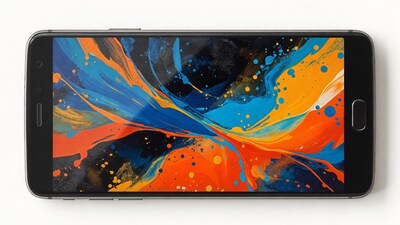Black smartphone with colorful abstract wallpaper