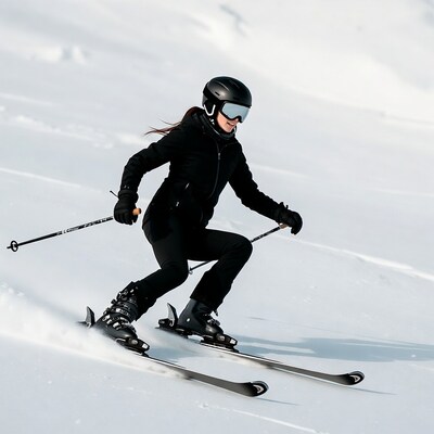 Woman skiing down snowy slope