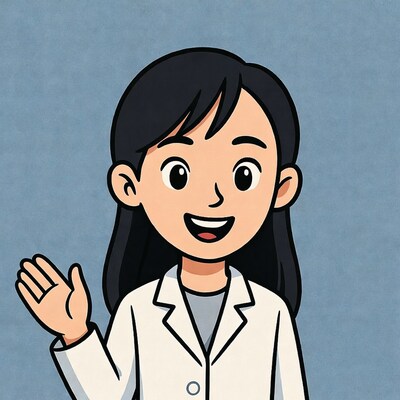 Asian woman waving in lab coat