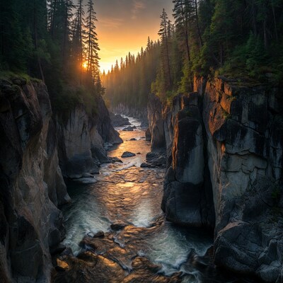 Sunset over river in pine tree canyon
