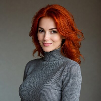 Woman with red hair in gray turtleneck