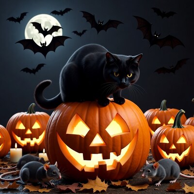 Black Cat on Jack-o-Lantern with Rats