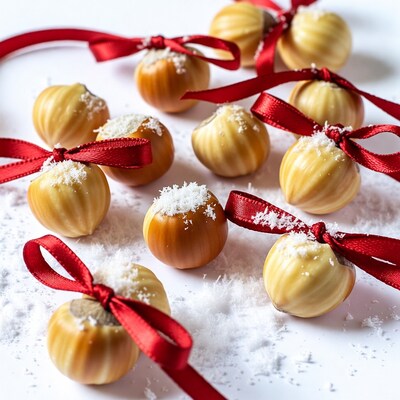 Hazelnuts with red ribbons and snow