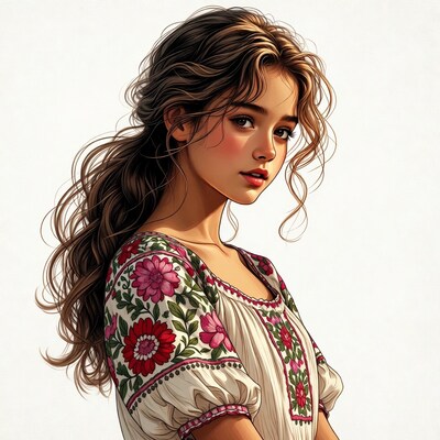 Woman in embroidered floral blouse
