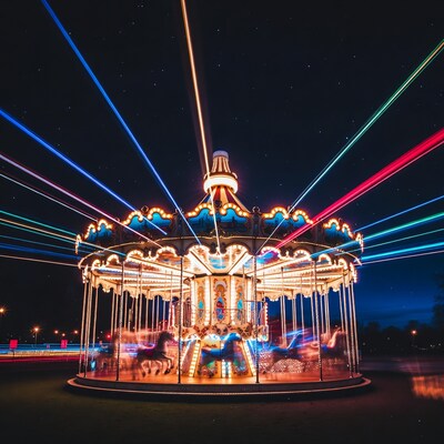 Colorful Carousel Spinning at Night