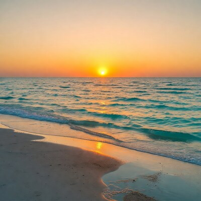 Sunset over turquoise ocean beach