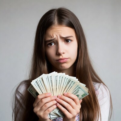 Girl holding cash with worried expression