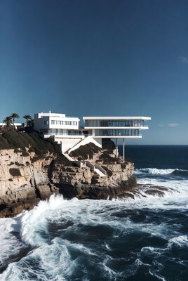 Modern white house on ocean cliff